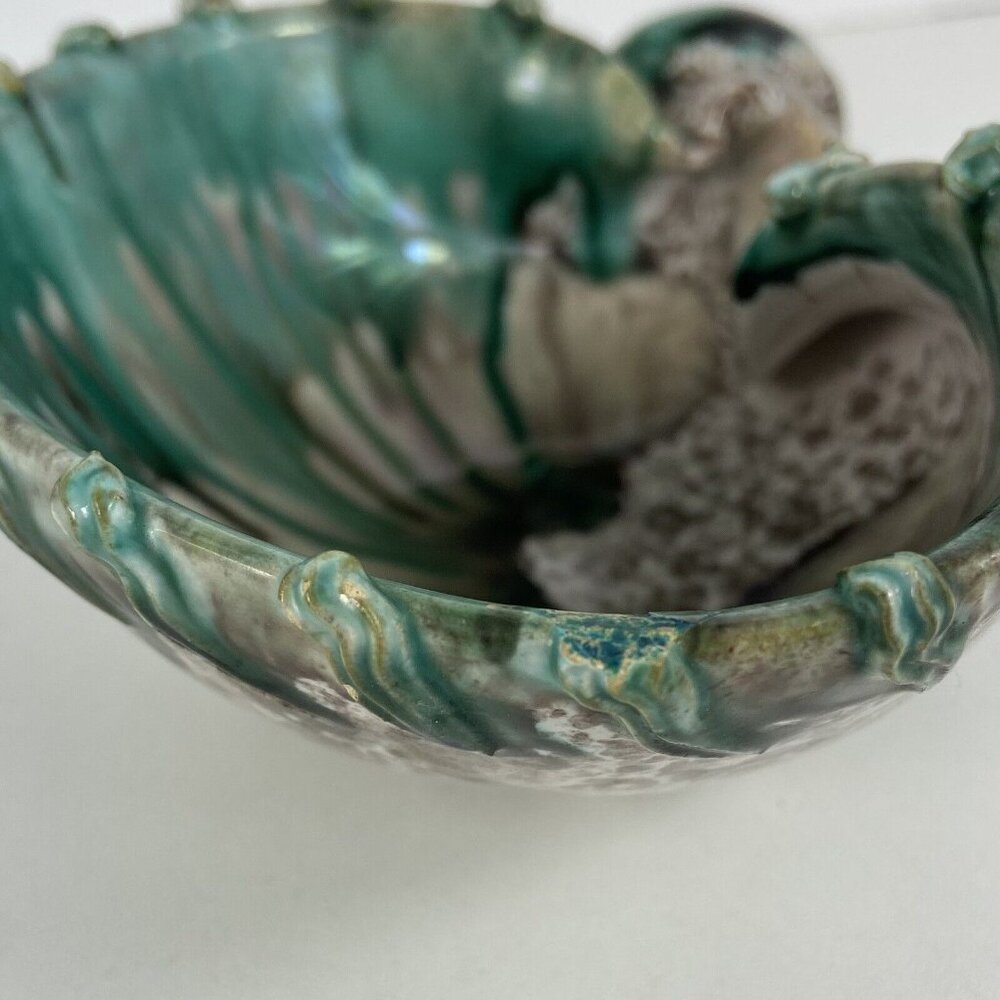 Vtg Italy Trinket Dish Catch All Seashell Jade Green Painted Speckled MCM Signed - Picture 10 of 11